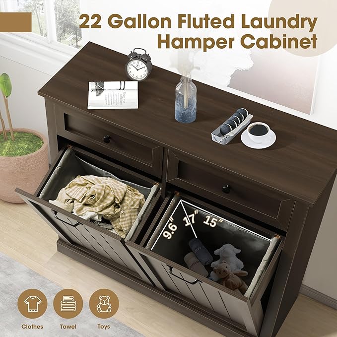 Grepatio Tilt Out Laundry Hamper Cabinet, 22 Gallon Double Laundry Hamper Cabinets, Wooden Trash Can Cabinet with 2 Drawers, Hidden Garbage Can for Bathroom, Kitchen, Living Room (Greyish Black)