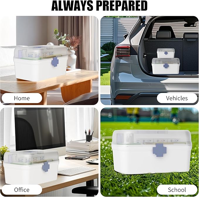 2-Pack Medicine Storage Box, Small & Large Portable Medicine Cabinet Organizer with Trays, Plastic First Aid Box Empty for Family, Medical Supply Organizer, Adult & Child Medication Separation