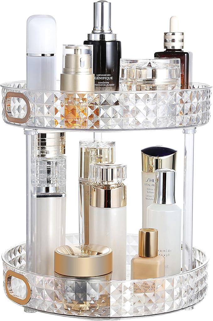 360 Rotating Makeup Organizer, 2 Tier Diamond Pattern Perfume Organizer, 10.6" Large Capacity Skincare Lotion Organizer, Designed for Vanity and Bathroom Countertops, Clear