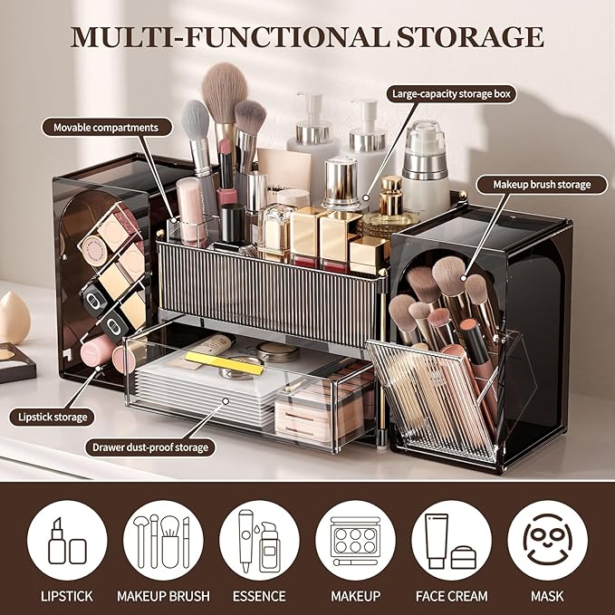 Makeup Organizer for Vanity with Brush Holder, Large Bathroom Countertop Cosmetic Organizer Skin Care Storage, Easy to Store Lipsticks, Nail Polishes, Perfumes (Brown+Transparent)