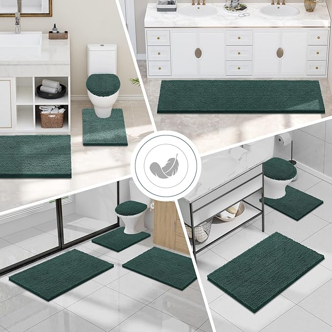 Smiry Luxury Chenille Bathroom Rugs 40x32, Extra Soft and Absorbent Shaggy Bath Mat, Machine Washable, Non-Slip Plush Carpet Runner for Tub, Shower, and Floor, Home Decor Accessories, Green