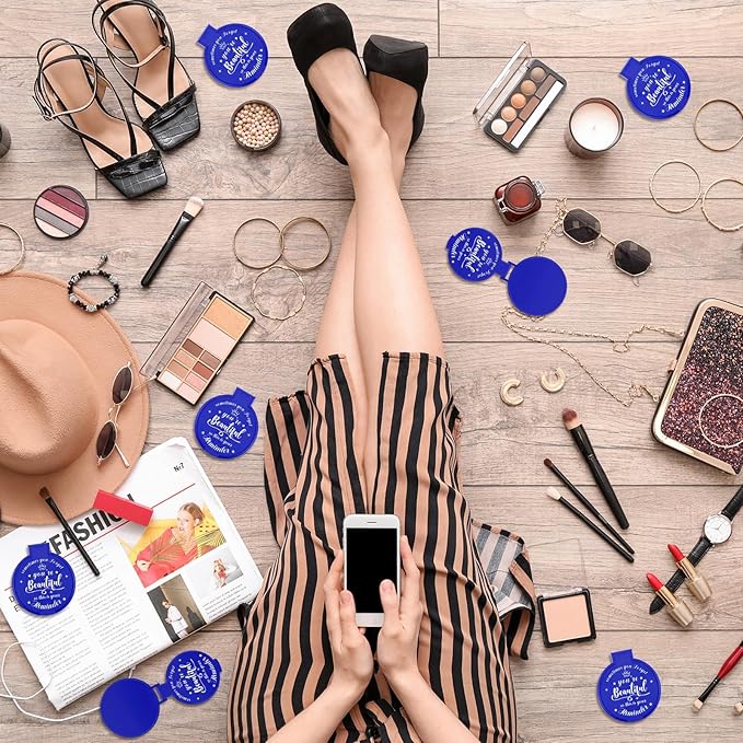 36 Pcs 2.76 Inch Inspirational Compact Mirror Bulk Women Small Gifts Graduation Party Favors Purse Mirror Pocket Mini Stuffer Items for Adult Coworker Cheerleader Employee (Blue)