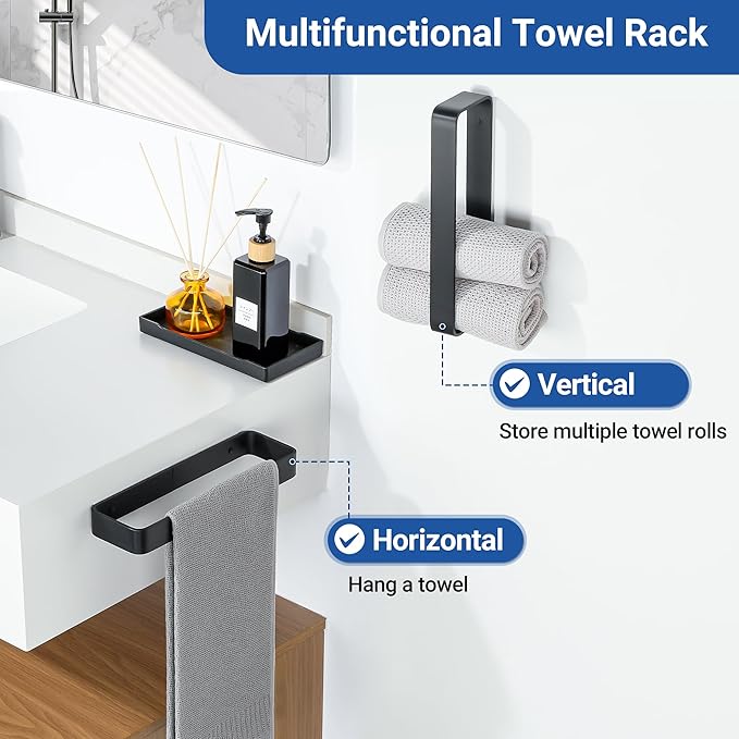 SAYAYO Matte Black Hand Towel Holder for Bathroom Wall, 10 Inch Self Adhesive Towel Bar Hand Towel Rack Square Heavy Duty