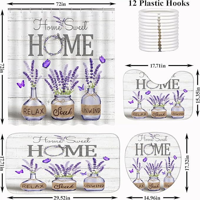 ALEXEX 4 PCS Purple Lavender Shower Curtain Sets,Home Sweet Bathroom Set with Shower Curtain and Rugs and Accessories,Farmhouse Country Shower Curtain Bathroom Decor with 12 Hooks,72 X 72 Inches