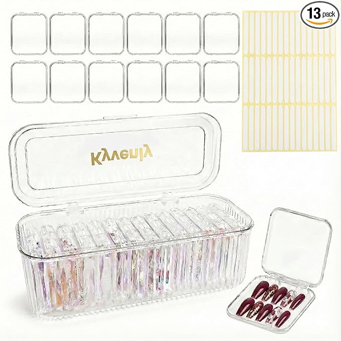 Press On Nail Organizer 12pcs 3.3in Nail Case And 1 Big Acrylic Storage Box For Packaging Clear Display Box Fake Nail Organizer With Double Sided Adhesive Tabs Nail Display Nail Salon