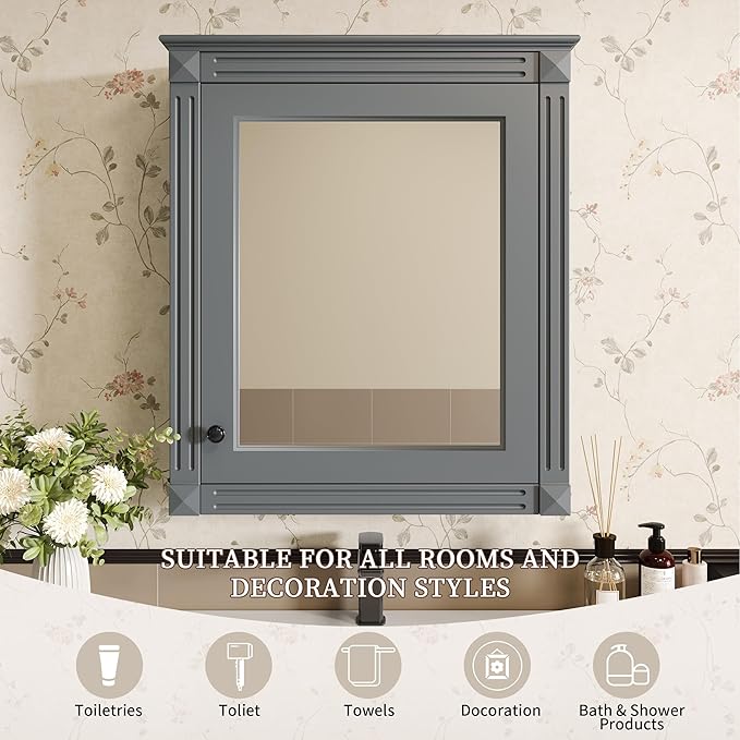 Merax Bathroom Medicine Cabinet with Mirror Door & Adjustable Shelves, 24" x 28" Wall Mounted Storage Cabinet with Mirror, Over The Toilet Wall Cabinet