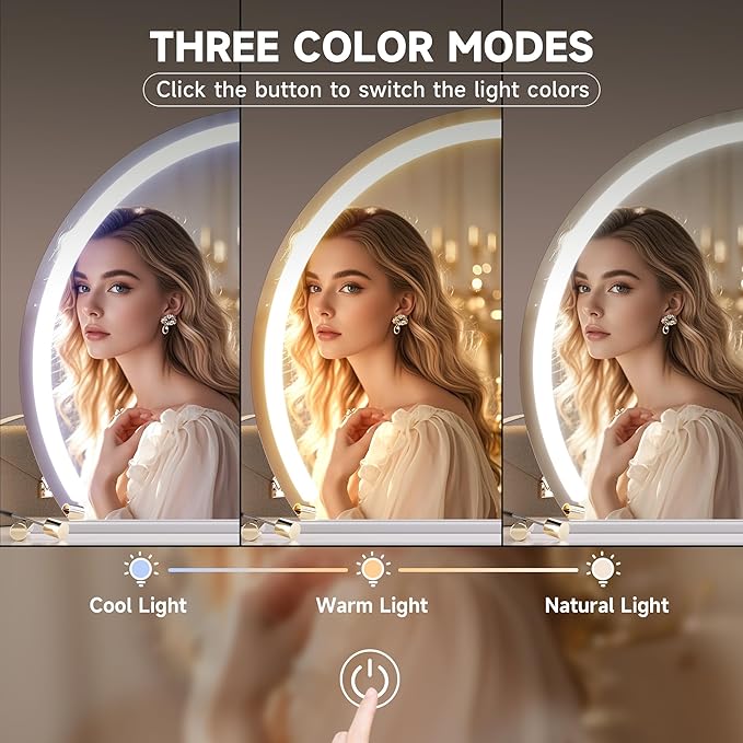 Hasipu Vanity Mirror with Lights, 22.8" x 18.1" LED Makeup Mirror, Lighted Makeup Mirror with Lights, Smart Touch Control 3 Colors Dimmable Mirror 360°Rotation USB Port White