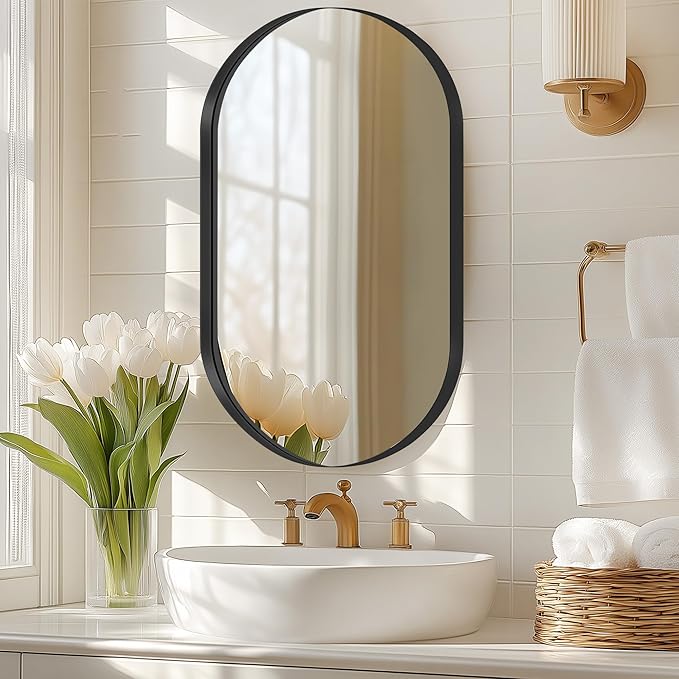 SogesHome Medicine Cabinet with Mirror, 21x34 Oval Mirror Cabinet, Wall Mount Recess Bathroom Vanity Mirror with Storage with 2 Shelves, Perfect for Bathroom, Black