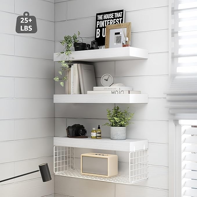 Bathroom Shelves Over Toilet - Heavy Duty Storage Rack, 25+ lbs Weight Capacity, Minimalist Design Wall Mounted Floating Shelves Toilet Paper Storage Farmhouse Decor Shelf 16 inch (White, General, 3)