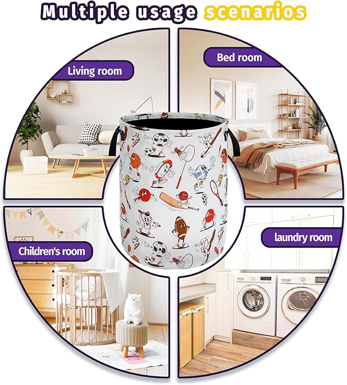 Cartoon Balls Laundry Basket Foldable Waterproof Oxford Cloth With Handle Portable Sports Theme Storage Basket Organizer Suitable For Laundry Room/Bedroom/Children'S Room (18.9 X 16.5 Inch)
