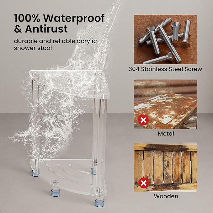 Sumerflos Acrylic Corner Shower Stool for Inside Shower, Clear Small Shower Bench for Shaving Legs Seating Waterproof Heavy Duty Assemble Modern (Clear, 11.81" D x 11.81" W x 18.11" H)