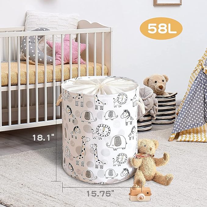 INough Kids Laundry Basket Extra Large Baby Hamper for Nursery, 58L Kids Baskets for Nursery Stuffed Animal Storage Basket, Canvas Clothes Hamper Toy Basket for Boys Foldable Laundry Hampers (Giraffe)