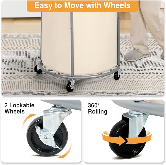STO STO Rolling Laundry Hamper with Wheels – 185L (48 Gallon) Extra Large Industrial Clothes Laundry Basket with Removable Bag, Round Cart Sorter for Bedroom, Hotel, Beige & Gray