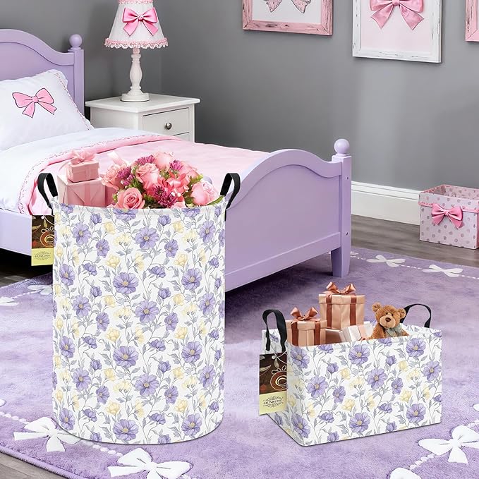 HUNRUNG Laundry Hamper,Large Canvas Fabric Lightweight Storage Basket Toy Organizer Dirty Clothes Collapsible Waterproof for College Dorms???Round-Purple Flowers???