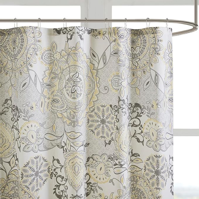 Madison Park Isla 100% Cotton Percale Shower Curtain, Floral Medallion Boho Printed Watercolor Cute Modern Home Bathroom Decor, Bathtub Privacy Screen, 72" x 72", Yellow