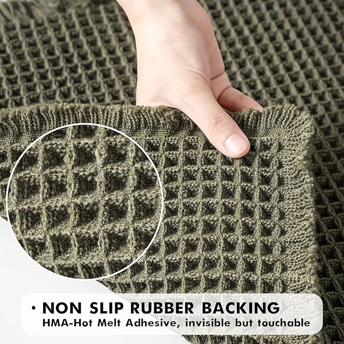 MIULEE Set of 2 Waffle Bathroom Rugs, Super Absorbent Non Slip Bath Rugs, Washable Bath Mats with Tassels, Ultra Soft Rubber Backed Shower Mats for Bathroom Floor, Tub, Green, 17x24 Inch