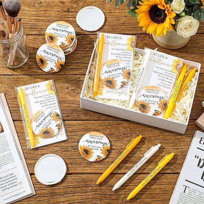 Cinnvoice 36 Set Inspirational Gifts for Women Sunflower Mini Compact Mirror and Pen with Motivational Cards Sometimes You Forget Your Awesome Gifts for Mother Coworkers or Any Woman (Inspirational)