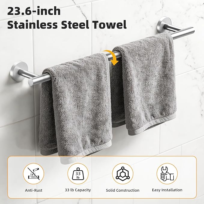 Brushed Nickel 5-Piece Bathroom Hardware Set, SUS304 Stainless Steel, Round Towel Bar, Towel Ring, Toilet Paper Holder, 2 Robe Hooks, Concealed Mount, Wall Mounted Accessories for Bathroom