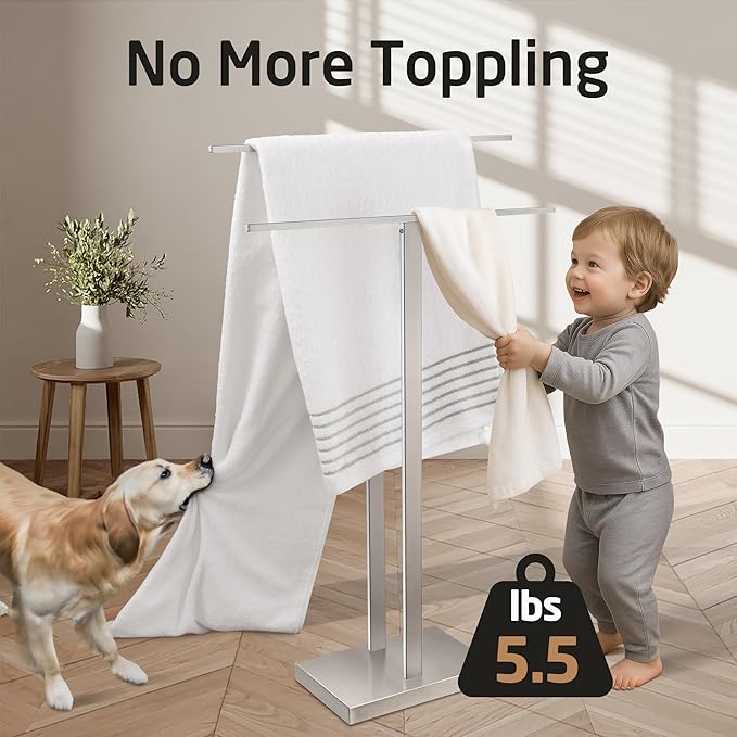 KES Freestanding Towel Rack for Bathroom, Floor Towel Racks for Bathroom with Weighted Base 2-Tier, Double Bath Towel Holder 18/8 Stainless Steel Brushed Finish, BTH231-2