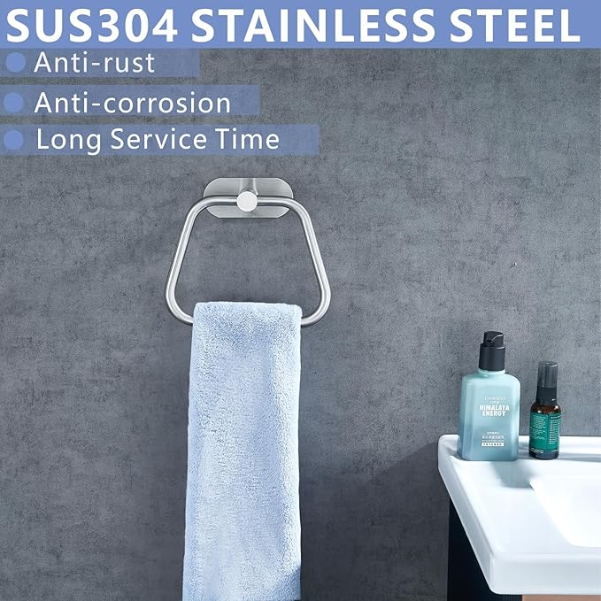Self-Adhesive Towel Ring, Bathroom Hardware Accessories, 304 Stainless Steel Hand Towel Holder for Bathroom and Kitchen, Ladder Towel Hook, No Drill Installation Wall Mount (Brushed Nickel)