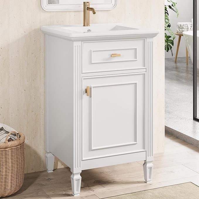 Virubi 20 in Small Bathroom Vanity with Sink,Soft Closing Door,Tilt-Out Drawer and Adjustable Shelf,Solid Wood Modern Single Bathroom Sink Cabinet,Freestanding (White)
