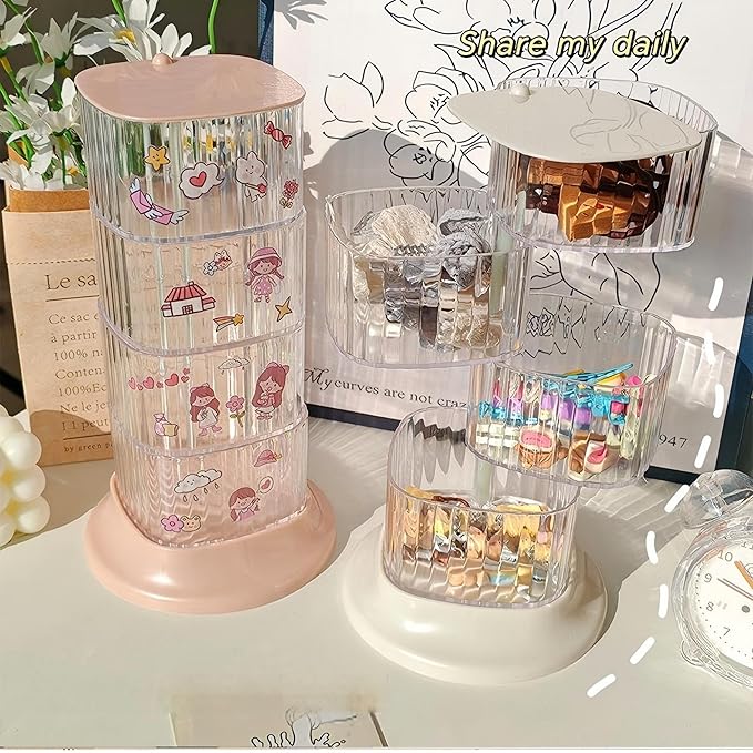 Hair Accessory Organizer, 4-Layer Rotating Clear Hair Tie Organizer for Hair Clips, Headbands, Hair Ties, Earring, Necklace, Ring, Jewelry Boxes & Organizers for Girls & Women (4-Layer，Pink)