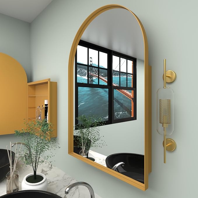 24" WX36 H Farmhouse Framed Medicine Cabinet with Mirror, Matte Gold Finish, Recessed or Surface Mount, Adjustable Shelves, Arched Cabinet Door, Arched Shape, Easy to Install, 24x36 Cabinet