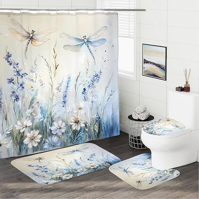 Dreamrflove Dragonfly Shower Curtain, 1-Pack Dragonfly Bathroom Shower Curtain, Blue Vintage Plant Flowers Fabric Bathroom Decoration, 72x72 Inch Waterproof Polyester Insulation Home Accessories