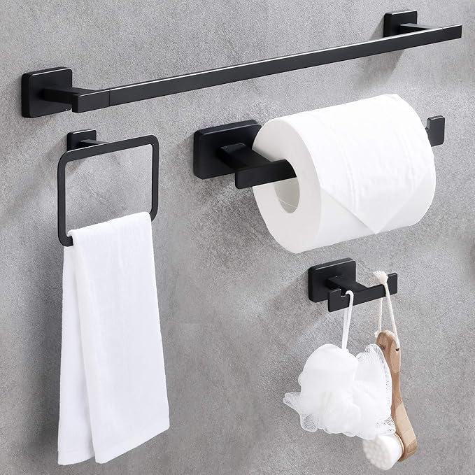 GERUIKE 4 Piece Bathroom Hardware Accessories Set,Matt Black Stainless Steel Towel Bar Sets Wall Mounted - Includes 16" Towel Bar, Square Towel Ring, Toilet Paper Holder, Robe Towel Hook