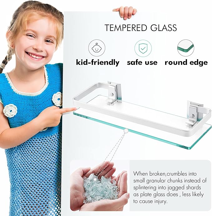 KES Glass Shelves for Bathroom, Floating Tempered Glass Shelves 14 Inch Aluminum Extra Thick 2 Pack Rectangular Storage Organizer Wall Mount Silver, A4126A-P2