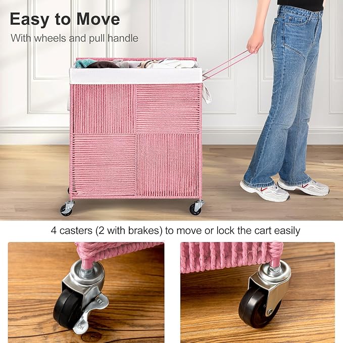 WOWLIVE Double Laundry Hamper with Lid, Handwoven Rolling Laundry Basket with Wheels, 115L Dirty Clothes Hamper with Removable Liner Bag Large Capacity Laundry Sorter Laundry Room Organization,Pink