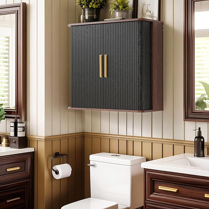 Furnaza Laundry Room Wall Cabinet with Fluted Sliding Door, 29.5" W Bathroom Medicine Cabinet with Adjustable Shelf, Wall Mounted Storage Cabinet for Living Room Kitchen, 11.7" D x 29.5" W x 27.68" H
