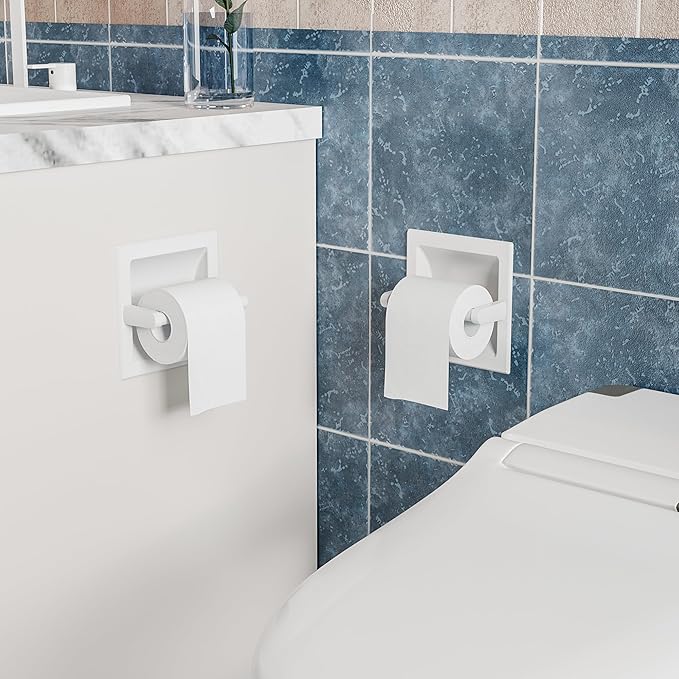 Recessed Toilet Paper Holder for Regular Rolls White 2 Pack, Pivoting Toilet Paper Holder Wall Mount Made of Metal, in Wall Toilet Paper Holders for Bathroom