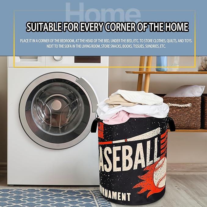 NUTAINLA Baseball Laundry Basket Foldable Oxford Cloth Funny Tote Bag Laundry Hamper Clothes Storage Bucket Toy Organizer For Bathroom/Laundry Storage/Bedroom 18.9x16.5 Inch