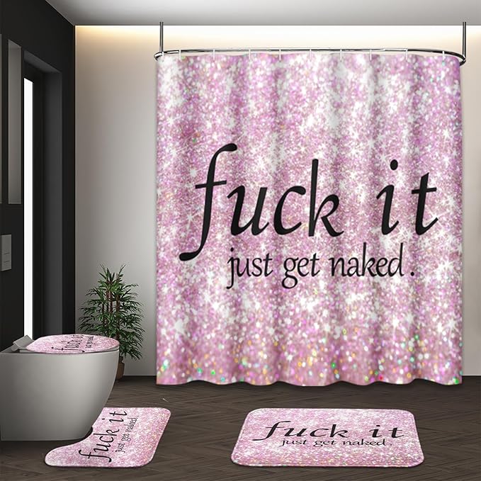 ArtSocket 4PC Pink Funny Get Naked Shower Curtain Sets Diamond Gold Bathroom Decor with Rugs, Non-Slip Rug,Toilet Lid Cover, Bath Mat and 12 Hooks 72x72 inches