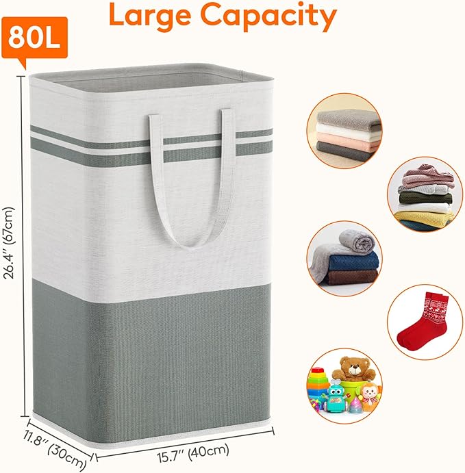Lifewit 3 Pack 80L Large Freestanding Laundry Hamper, Collapsible Laundry Basket with Easy Carry Handles, Waterproof Tall Clothes Hamper for Laundry Dorm Bedroom Bathroom, Grey-White