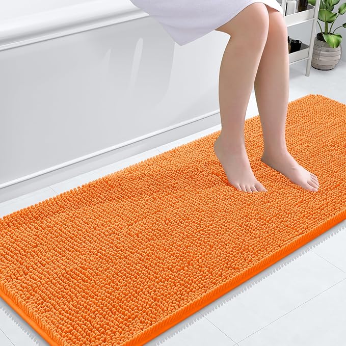 OLANLY Bathroom Rugs 59x24, Extra Soft Absorbent Chenille Bath Rugs, Rubber Backing Quick Dry, Machine Washable Bath Mats for Bathroom Floor, Tub and Shower, Home Decor Accessories, Orange