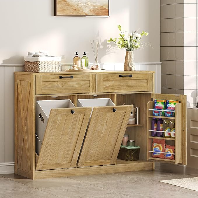 Double Tilt Out Laundry Hamper Cabinet, 43.3" Laundry Cabinet with 2 Removable Baskets, Farmhouse Wooden Hidden Trash Bin Cabinet with Open Shelving, for Bathroom, Natural