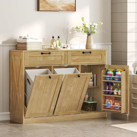 Double Tilt Out Laundry Hamper Cabinet, 43.3" Laundry Cabinet with 2 Removable Baskets, Farmhouse Wooden Hidden Trash Bin Cabinet with Open Shelving, for Bathroom, Natural
