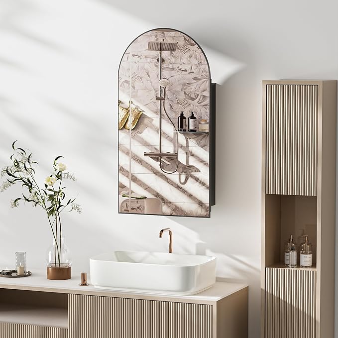 Medicine Cabinet with Mirror,Bathroom Wall Cabinet with Adjustable Shelves Arch Metal Storage Cabinet for Bathroom Bedroom (No Assembly Required) Black 16.5 * 31.1''
