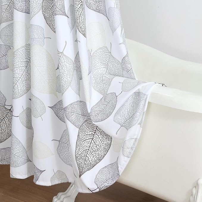 90 Inch Fabric Shower Curtain, Extra Long Modern Leaf Print Waterproof Bath Curtain with White Background & Beige Grey Brown Leaves Design, 72" W x 90" H