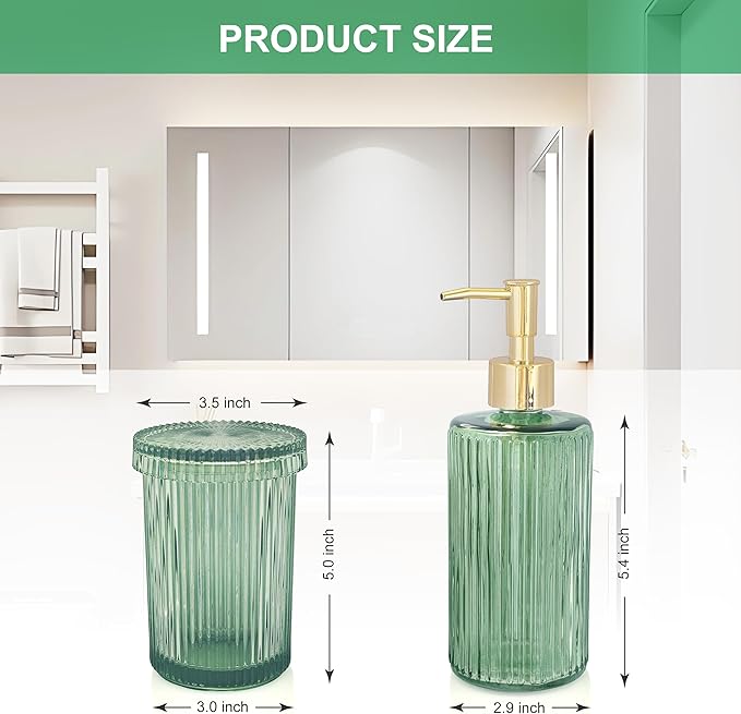 3 Pcs Green Bathroom Accessories Set, Glass Bathroom Set, Soap Dispenser, Toothbrush Holder, Jewelry Tray, Modern Bathroom Decor, Housewarming Gift Set