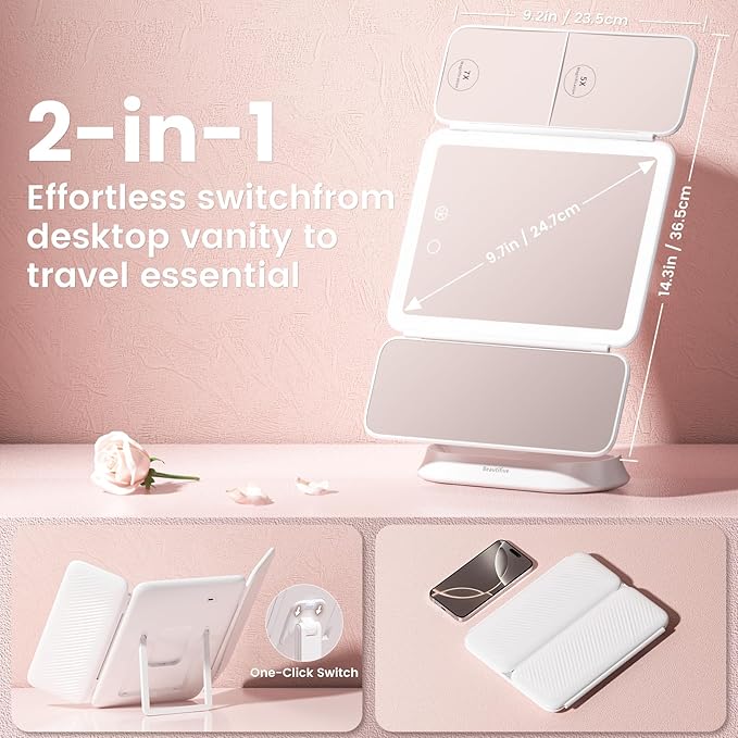 Lighted Makeup Mirror with 7X/5X/1X Magnification, Vanity Mirror with Lights, Trifold Led Makeup Mirror, 3 Lights Colors & Adjustable Brightness, 360° Rotation & Detachable Design for Travel Gift