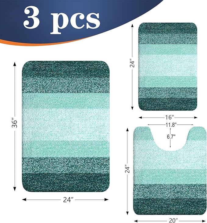 OLANLY Bathroom Rugs Sets 3 Piece, Soft Absorbent Microfiber Bath Mats and U-Shaped Contour Toilet Rug, Plush Shaggy Bath Mat Set for Bathroom (36"x24"+24"x16"+24"x20", Blackish Green)