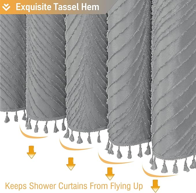 BTTN Grey Boho Farmhouse Shower Curtain, Tufted Leaves Textured Striped Shower Curtain Set with Tassel, Water Repellent, Modern Minimalist Shabby Chic Shower Curtains for Bathroom, 72 x 72