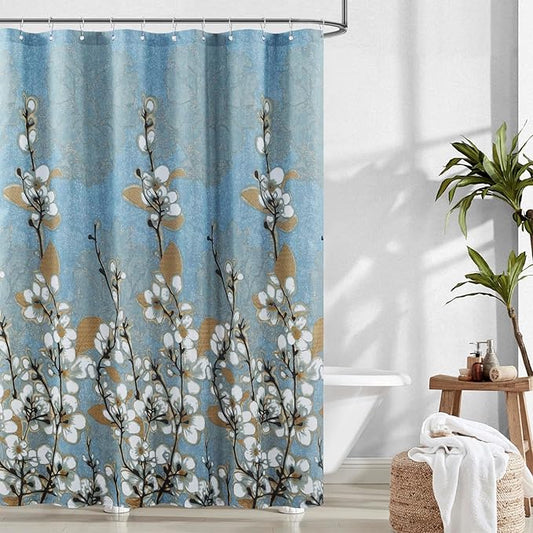 Long Stall Fabric Shower Curtain, 54 Inch Blue Floral Shower Curtains, Brown White Flower Plant Shower Curtains for Bathroom, Waterproof Small Bathroom Curtains, 54" W x 78" H