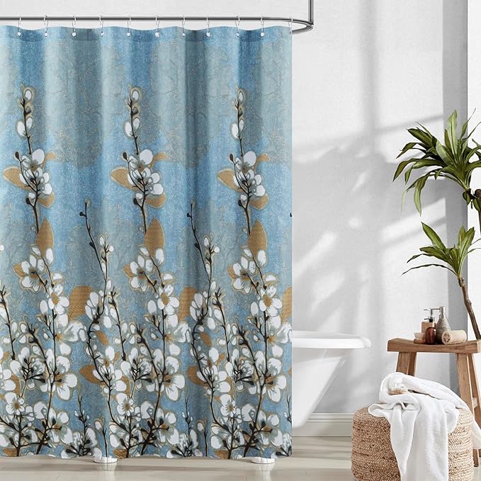 Long Fabric Floral Shower Curtain, Blue Brown Plant Flower Shower Curtains for Bathroom, 62" W x 78" H