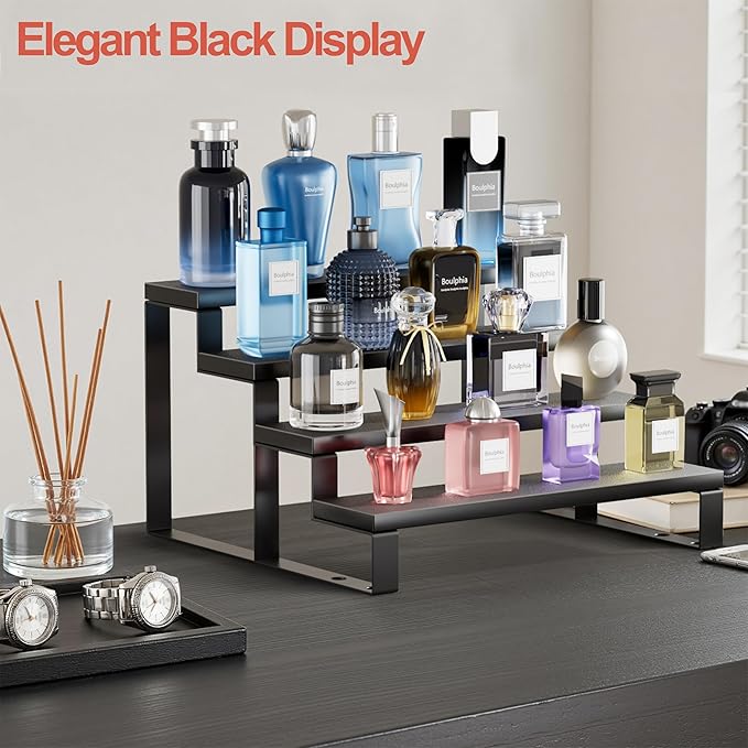 Boulphia Cologne Organizer for Men, 12 Inch Wood Cologne Stand 4 Tier Perfume Organizer for Dresser, Versatile Step Display Stand Shelf for Fragrance, Skincare, Figurine, Dessert, 1 Set Black