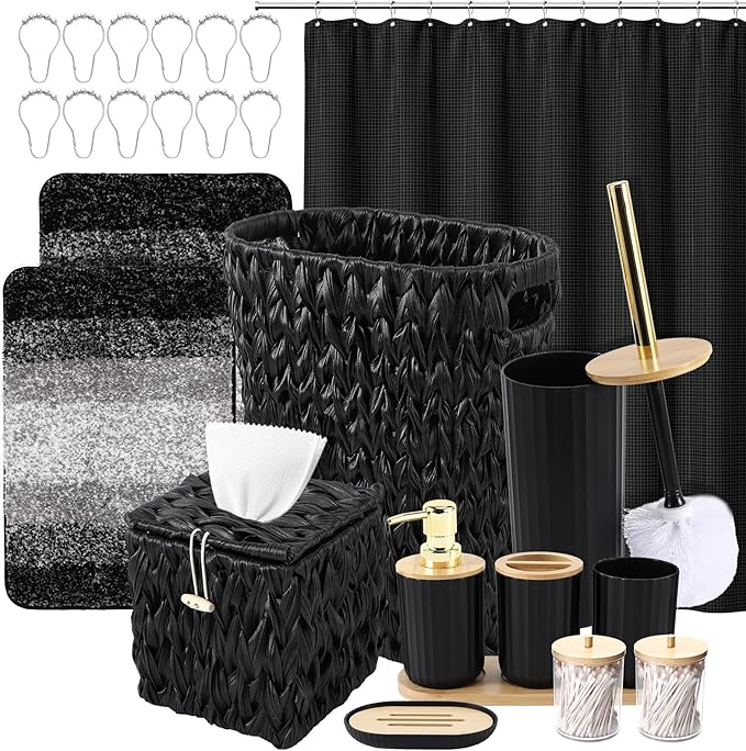 Bathroom Accessories Set, 25PCS Wicker Bathroom Accessory Set with Shower Curtain, Bath Mat, Soap Dispenser, Handwoven Trash Can & Ratten Tissue Box (Black, Bath Set+Shower Curtain+Rugs)