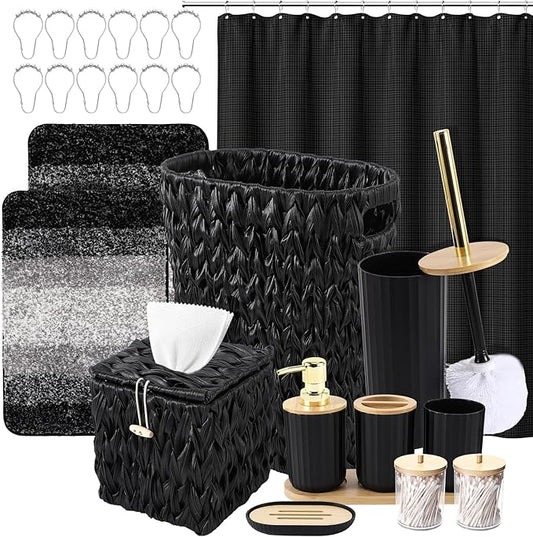 Bathroom Accessories Set, 25PCS Wicker Bathroom Accessory Set with Shower Curtain, Bath Mat, Soap Dispenser, Handwoven Trash Can & Ratten Tissue Box (Black, Bath Set+Shower Curtain+Rugs)